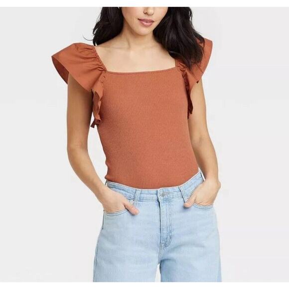 A New Day Ruffle Sleeve Ribbed Tank, Brown, Elastic Hem, Stretch, XL - Picture 1 of 10